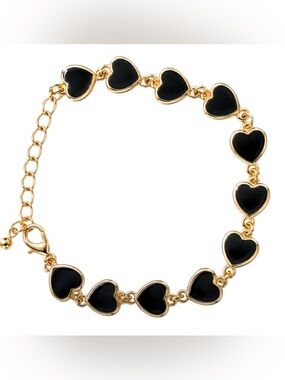 Black Enamel 14k Plated Gold  Scattered Heart Bracelet